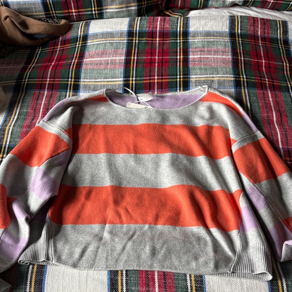 Vibrant Striped Women's Sweater in Gray, Orange, and Purple